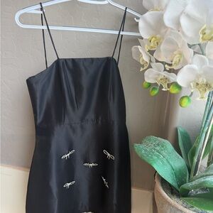 Black Satin Spaghetti Strap Mini Dress with Embellished Dragonflies